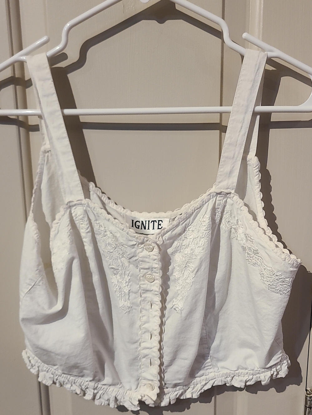 IGNITE White Cotton Embroidered Crop Tank